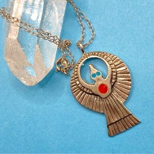 Silver Tone Winged Goddess Pendant Blue Eyes Red Heart Vintage Necklace